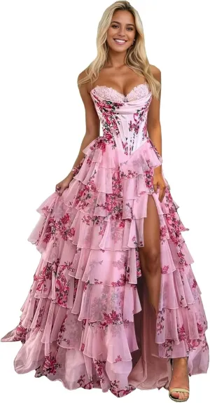 Corset Floral Tiered Prom Dresses for Women 2025 Strapless Long Ruffle Formal Evening Gowns with Slit