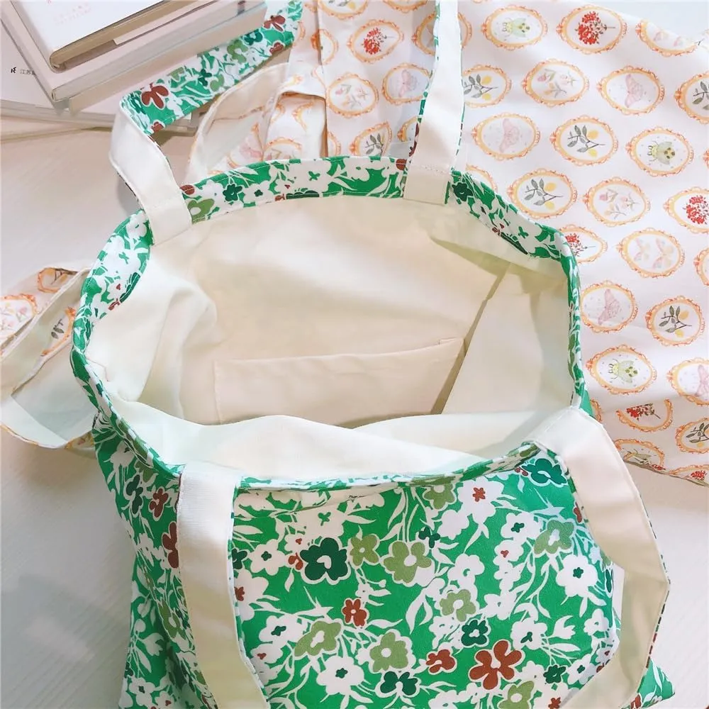 Cotton Canvas Tote Bag Reusable Soft Grocery Cloth Bag Floral Shoulder Bag for Beach Travel Shopping