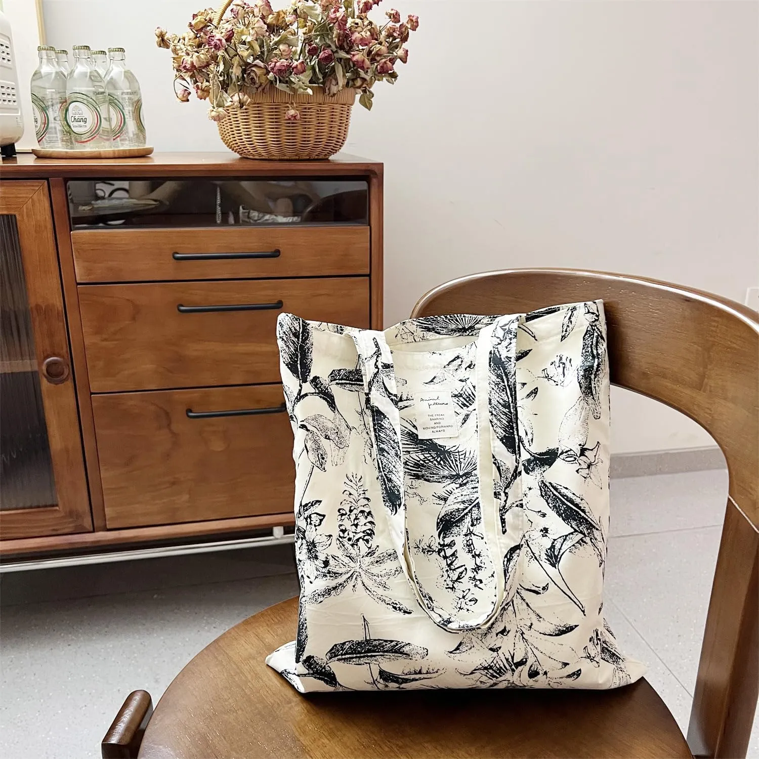 Cotton Canvas Tote Bag Reusable Soft Grocery Cloth Bag Floral Shoulder Bag for Beach Travel Shopping