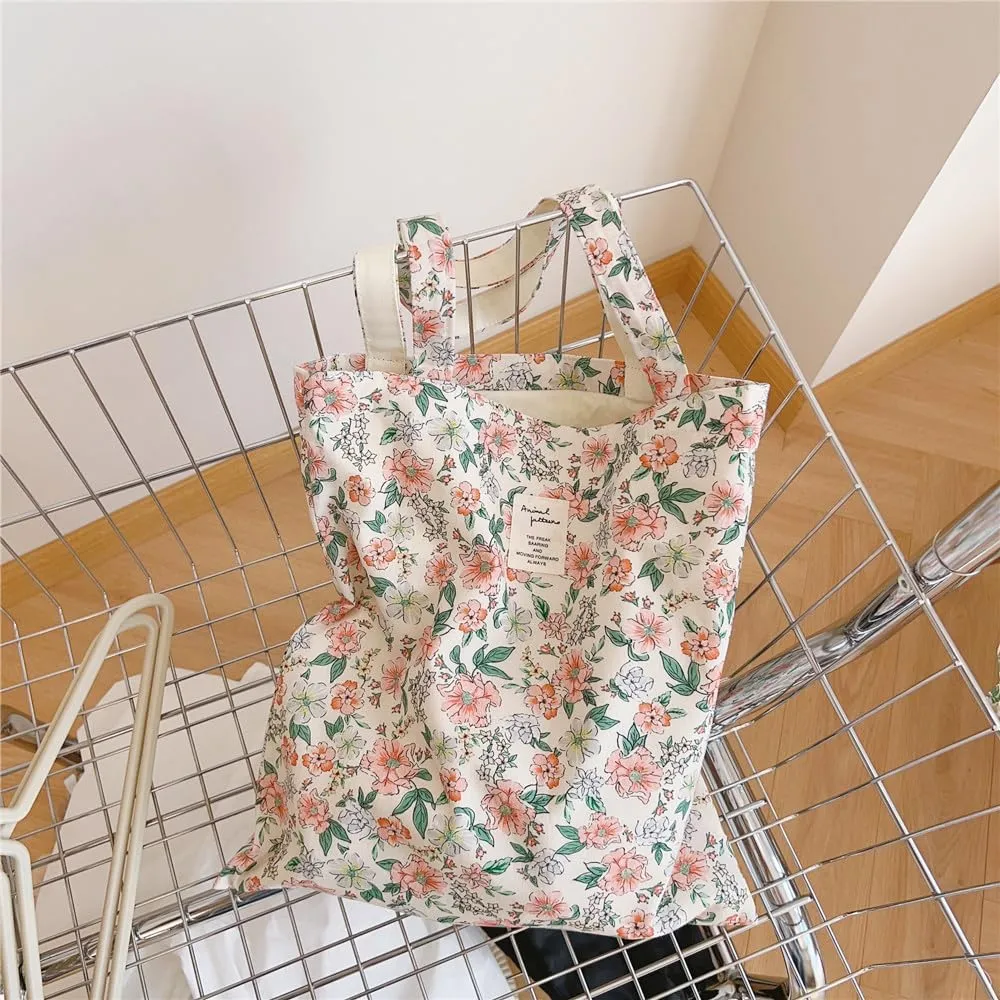 Cotton Canvas Tote Bag Reusable Soft Grocery Cloth Bag Floral Shoulder Bag for Beach Travel Shopping