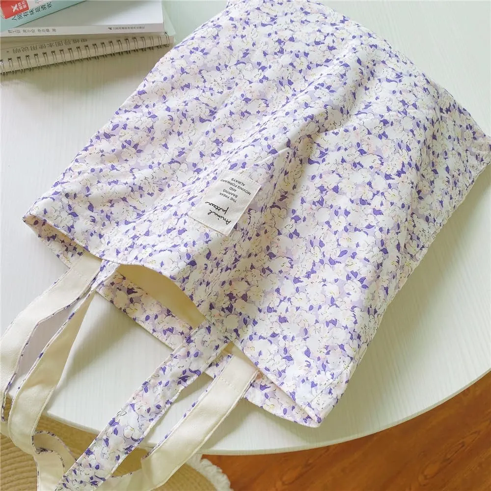 Cotton Canvas Tote Bag Reusable Soft Grocery Cloth Bag Floral Shoulder Bag for Beach Travel Shopping
