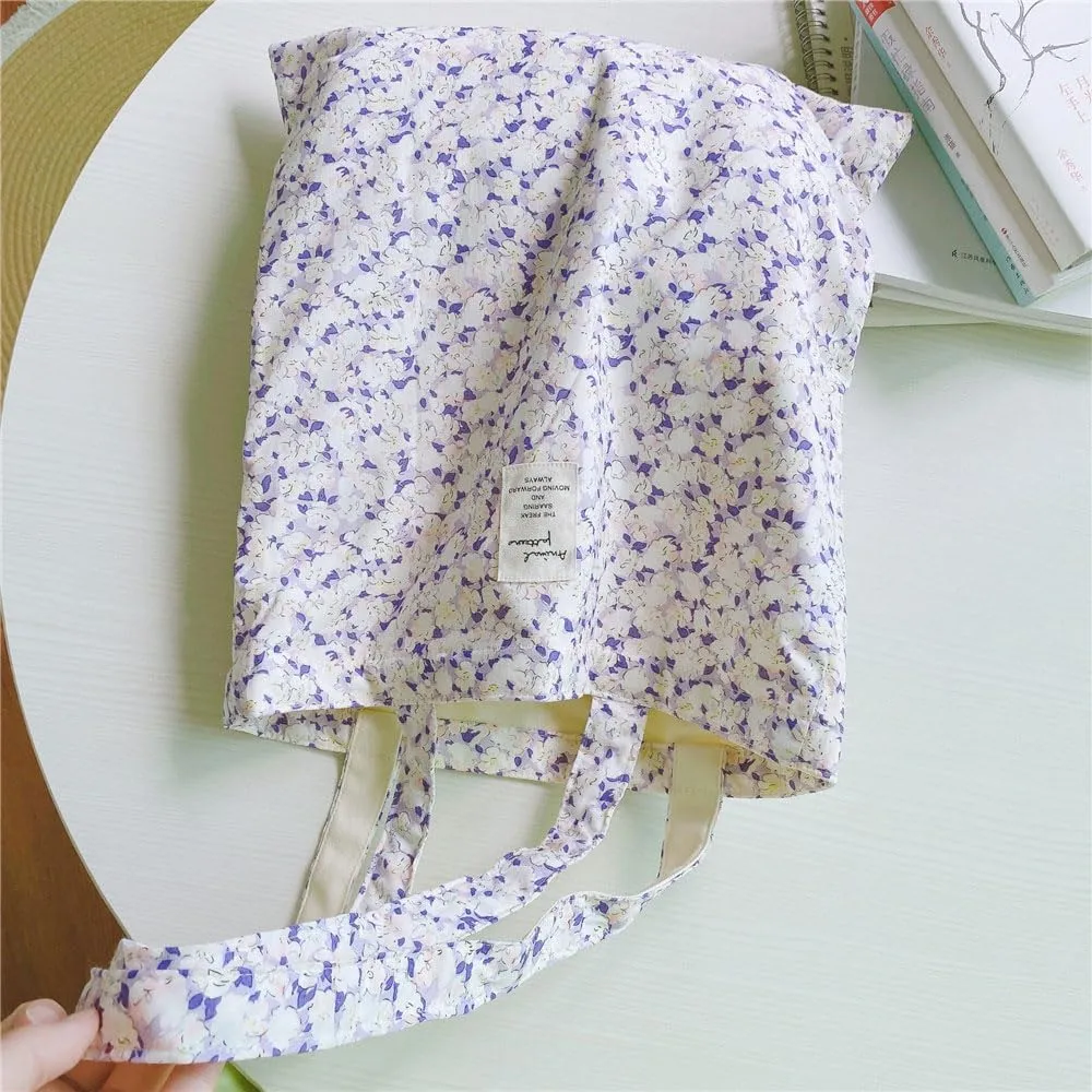 Cotton Canvas Tote Bag Reusable Soft Grocery Cloth Bag Floral Shoulder Bag for Beach Travel Shopping