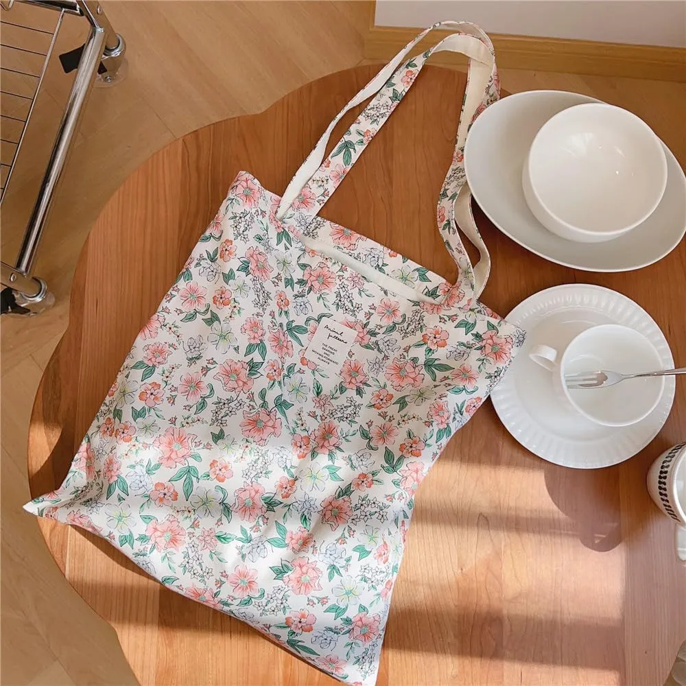 Cotton Canvas Tote Bag Reusable Soft Grocery Cloth Bag Floral Shoulder Bag for Beach Travel Shopping