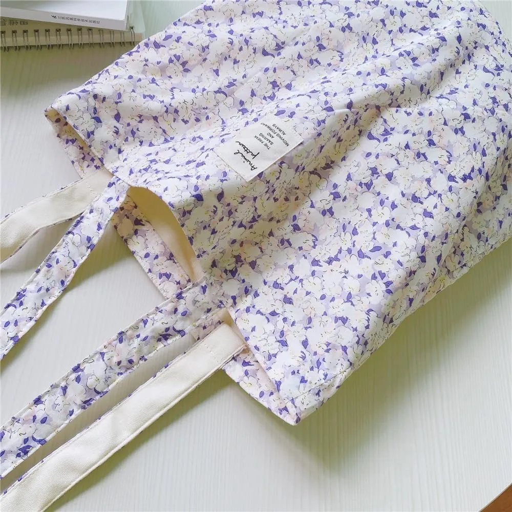 Cotton Canvas Tote Bag Reusable Soft Grocery Cloth Bag Floral Shoulder Bag for Beach Travel Shopping
