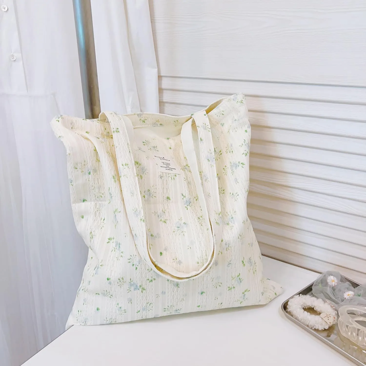 Cotton Canvas Tote Bag Reusable Soft Grocery Cloth Bag Floral Shoulder Bag for Beach Travel Shopping