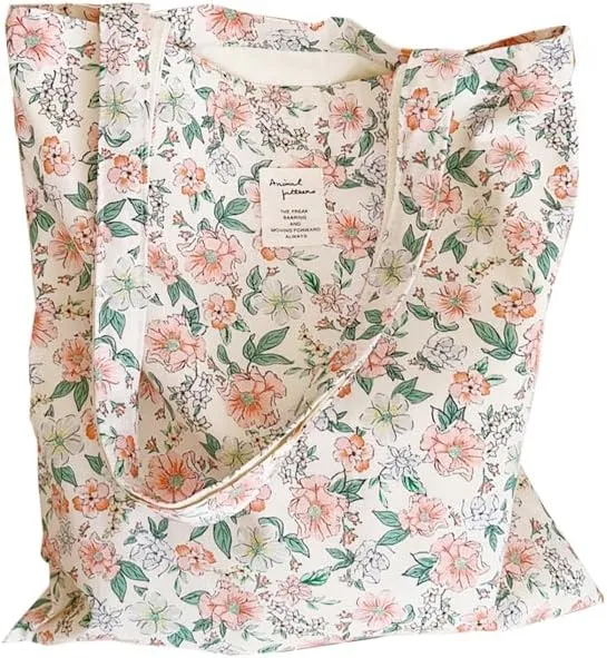Cotton Canvas Tote Bag Reusable Soft Grocery Cloth Bag Floral Shoulder Bag for Beach Travel Shopping
