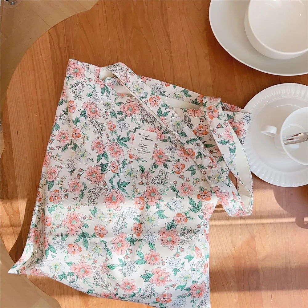 Cotton Canvas Tote Bag Reusable Soft Grocery Cloth Bag Floral Shoulder Bag for Beach Travel Shopping