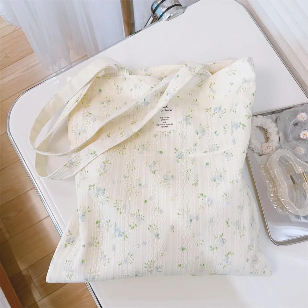 Cotton Canvas Tote Bag Reusable Soft Grocery Cloth Bag Floral Shoulder Bag for Beach Travel Shopping
