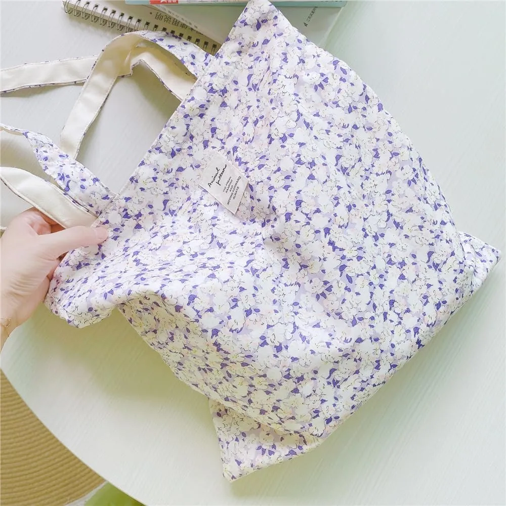 Cotton Canvas Tote Bag Reusable Soft Grocery Cloth Bag Floral Shoulder Bag for Beach Travel Shopping