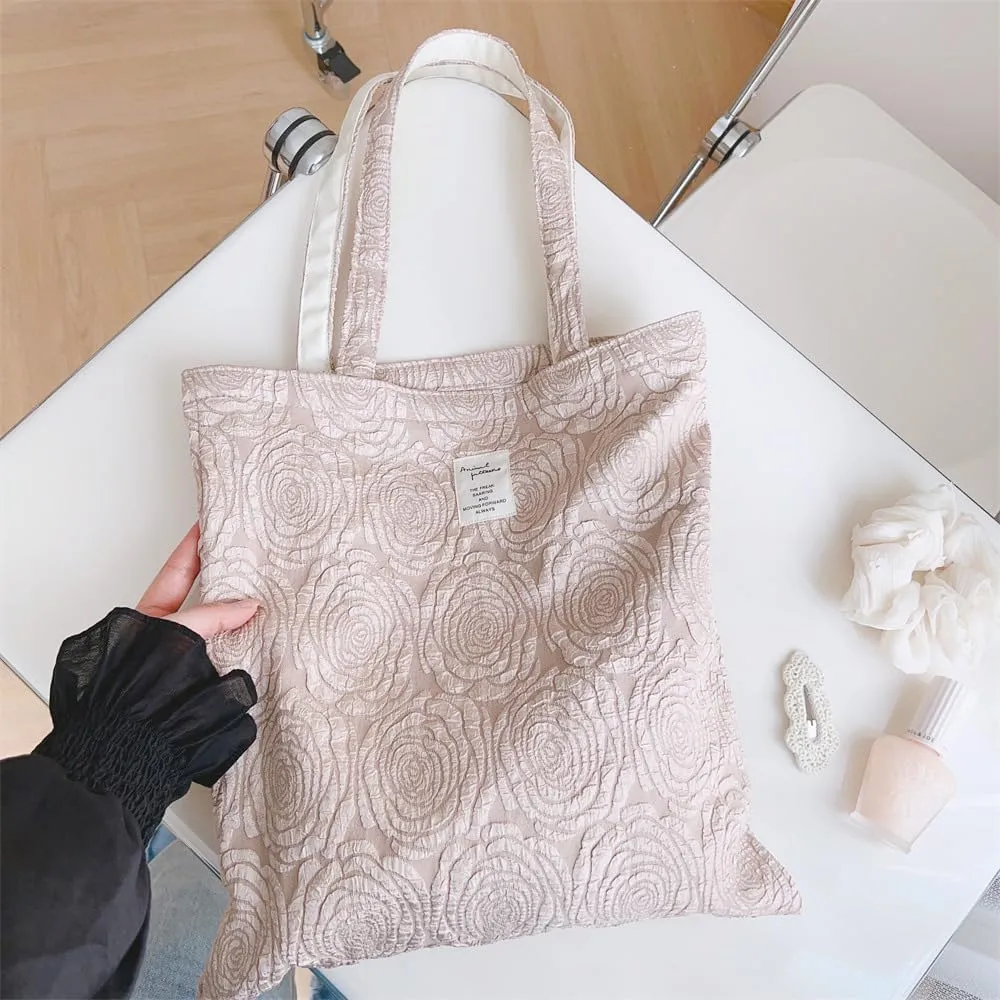Cotton Canvas Tote Bag Reusable Soft Grocery Cloth Bag Floral Shoulder Bag for Beach Travel Shopping