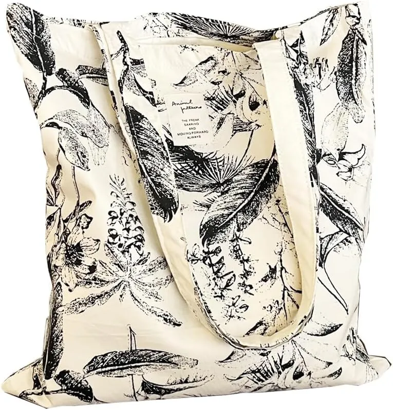 Cotton Canvas Tote Bag Reusable Soft Grocery Cloth Bag Floral Shoulder Bag for Beach Travel Shopping