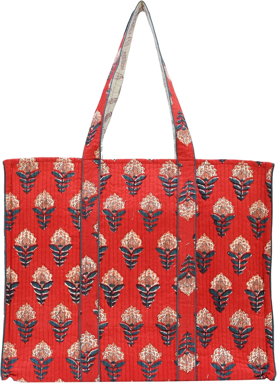 Cotton Hand Block Floral Print Tote For Women Handbag For Work Laptop Bag Foldable Travel Beach Shoulder bag