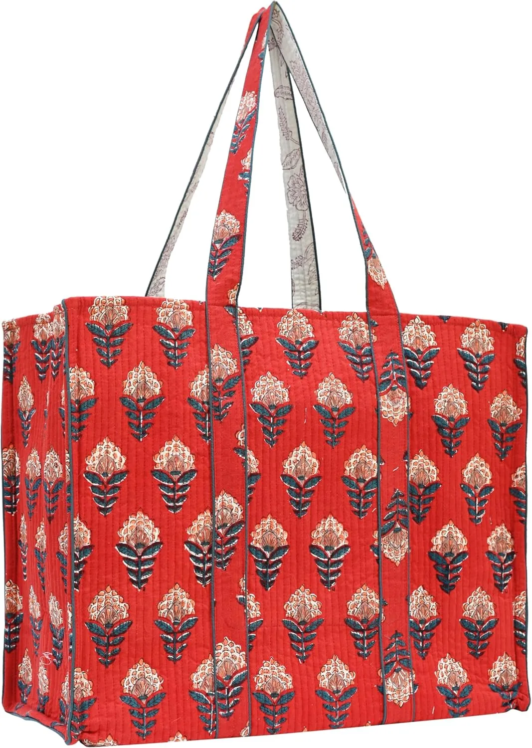 Cotton Hand Block Floral Print Tote For Women Handbag For Work Laptop Bag Foldable Travel Beach Shoulder bag