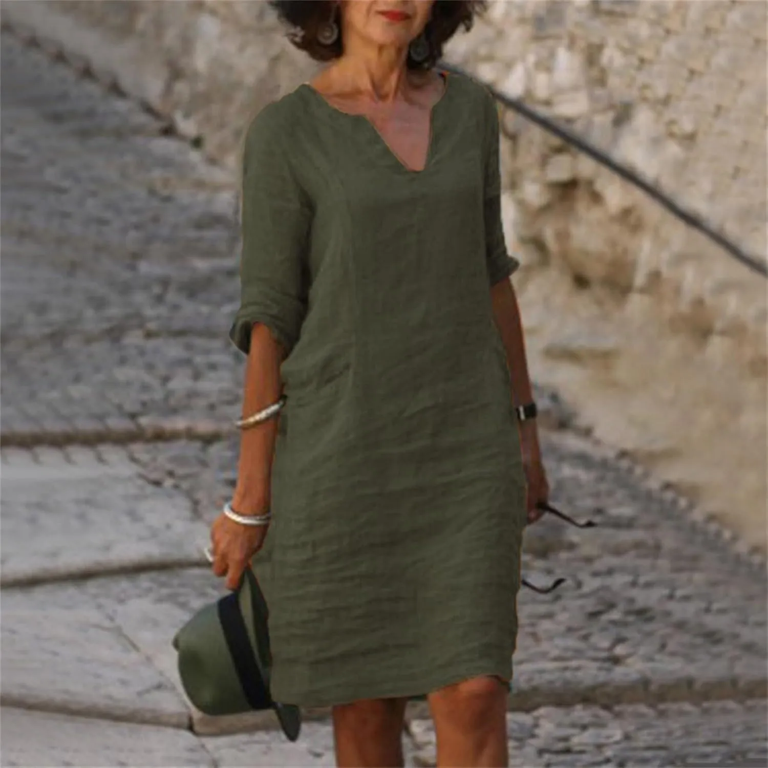 Cotton Linen Dress for Women Casual Summer Elegant V Neck 3/4 Sleeve Shirt Dress Cruise Beach Vacation Mini Dresses