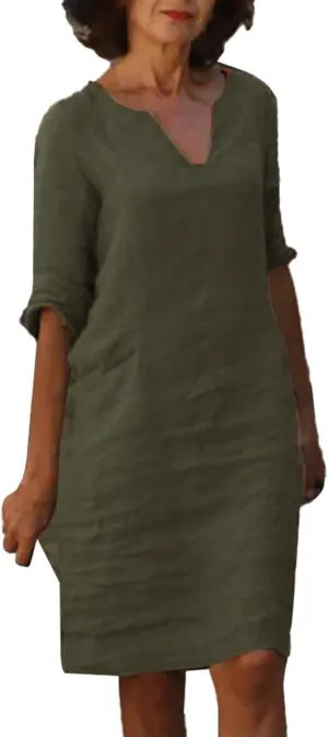 Cotton Linen Dress for Women Casual Summer Elegant V Neck 3/4 Sleeve Shirt Dress Cruise Beach Vacation Mini Dresses