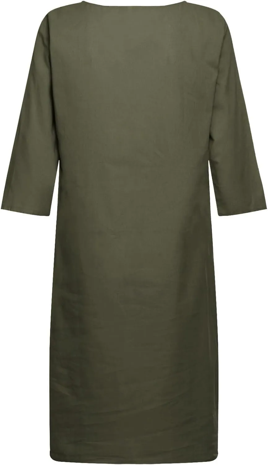 Cotton Linen Dress for Women Casual Summer Elegant V Neck 3/4 Sleeve Shirt Dress Cruise Beach Vacation Mini Dresses