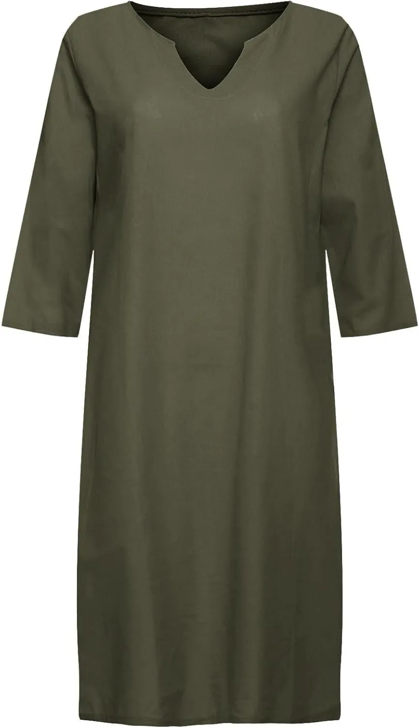 Cotton Linen Dress for Women Casual Summer Elegant V Neck 3/4 Sleeve Shirt Dress Cruise Beach Vacation Mini Dresses