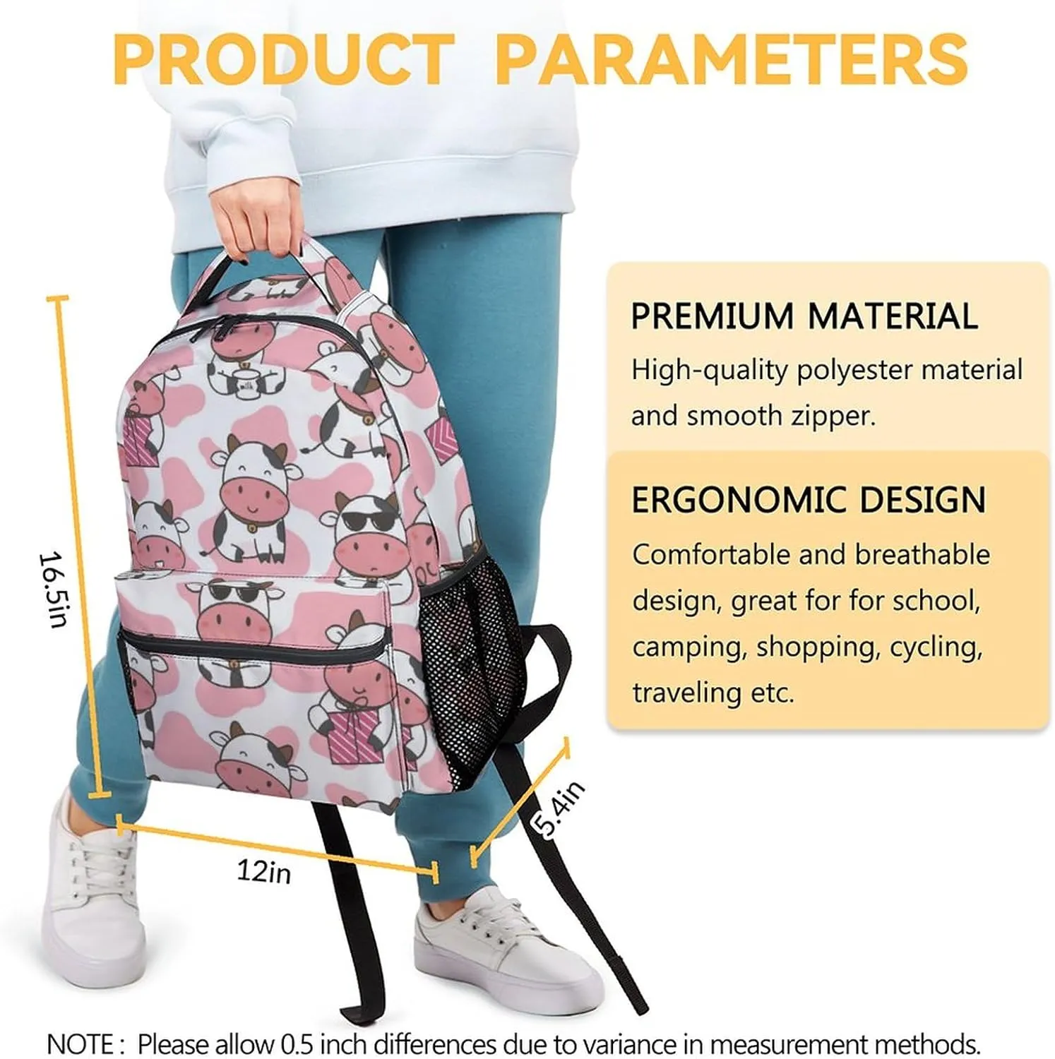 Cow Backpacks for Girls - 16 Inch Cute Backpack for School - Pink, Large Capacity, Durable, Lightweight Bookbag for Kids Travel