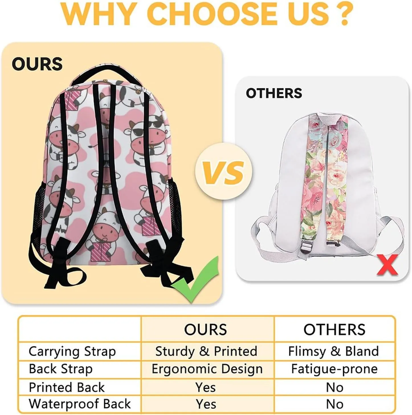 Cow Backpacks for Girls - 16 Inch Cute Backpack for School - Pink, Large Capacity, Durable, Lightweight Bookbag for Kids Travel