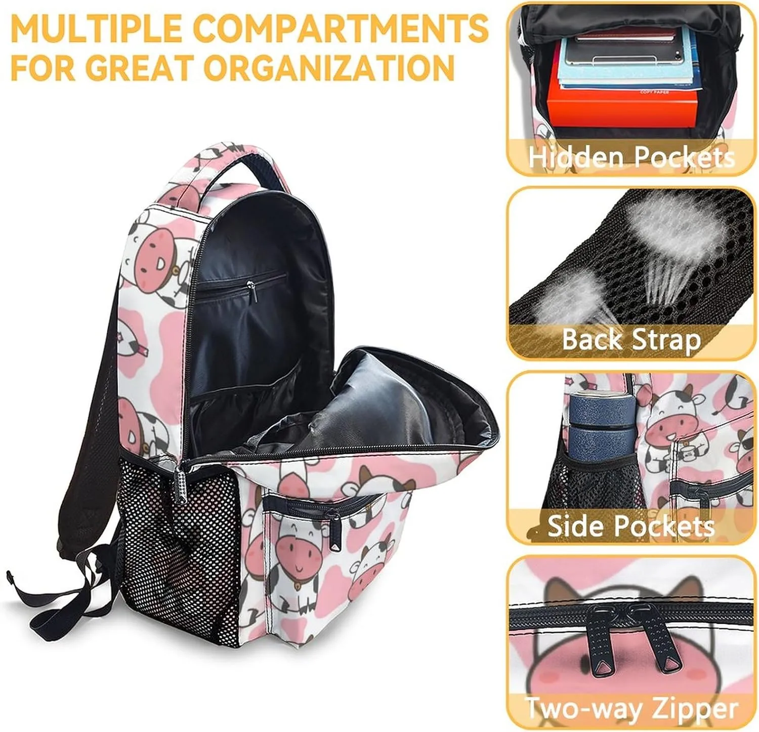 Cow Backpacks for Girls - 16 Inch Cute Backpack for School - Pink, Large Capacity, Durable, Lightweight Bookbag for Kids Travel