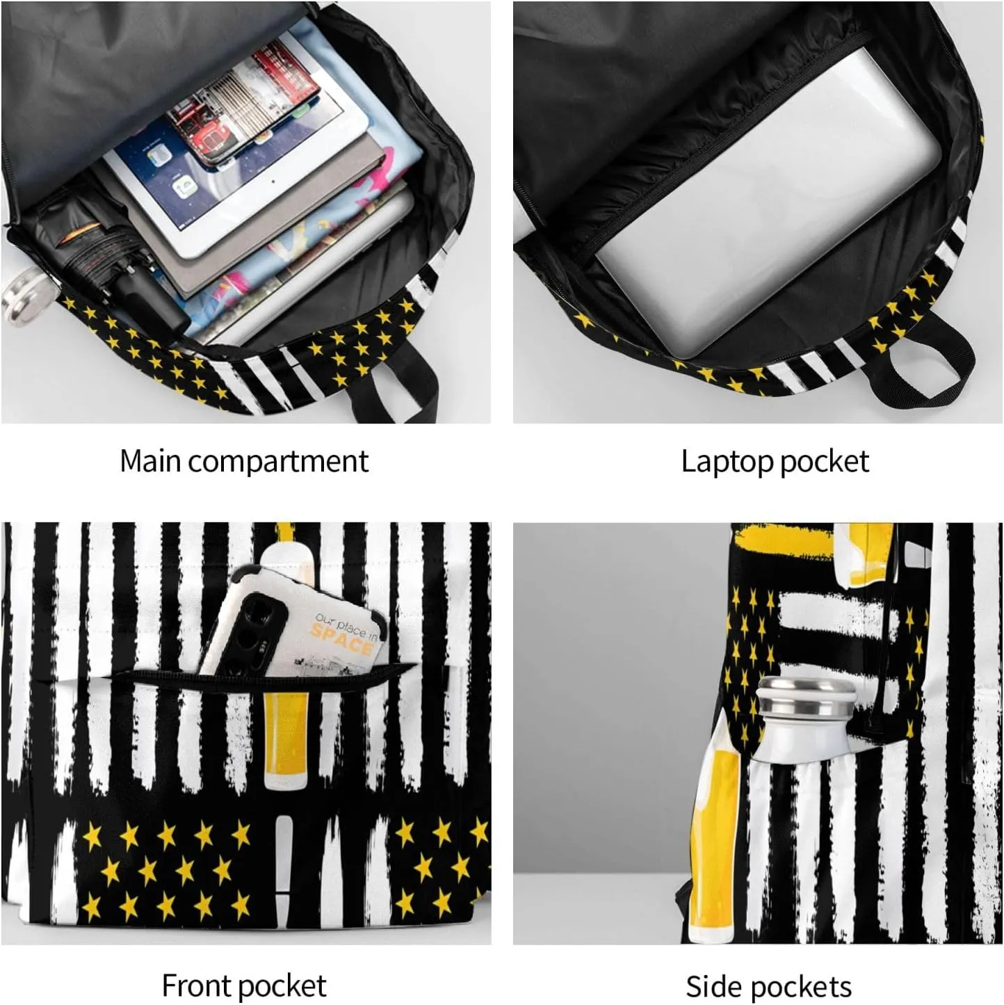 Craft Beer American Flag USA 4th July Brewery Casual Backpacks Large Travel Backpack Laptop Rucksack Sports Daypack Adjustable Strap Bag for Camping Hiking