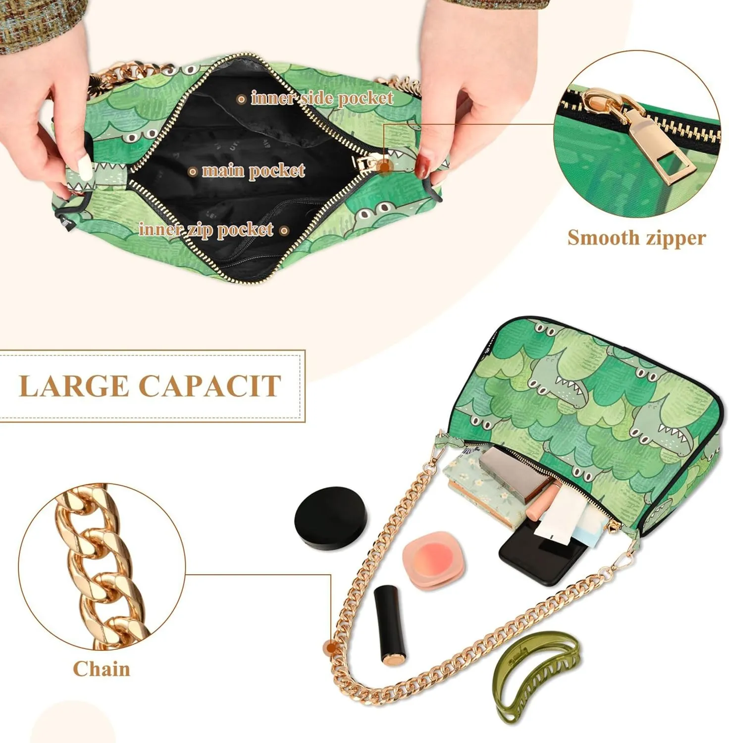 Crocodile Bush Green Cute Purse Bag Small Hobo Bag Women Small Handbag Chain Shoulder Bags Formal