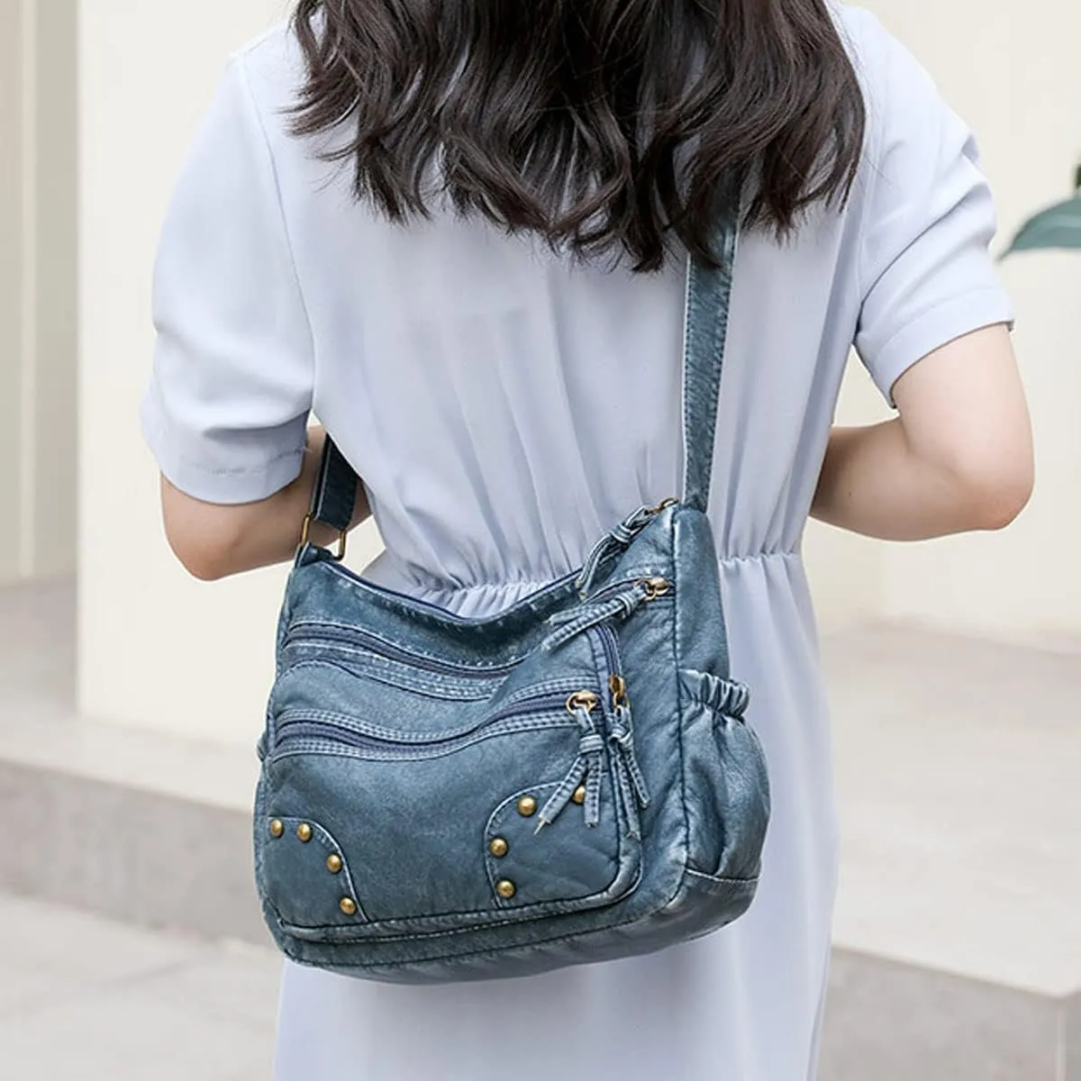 Crossbody Bag for Women Multi Pocket Shoulder Bag Medium Travel Purse Soft Washed Leather Satchel