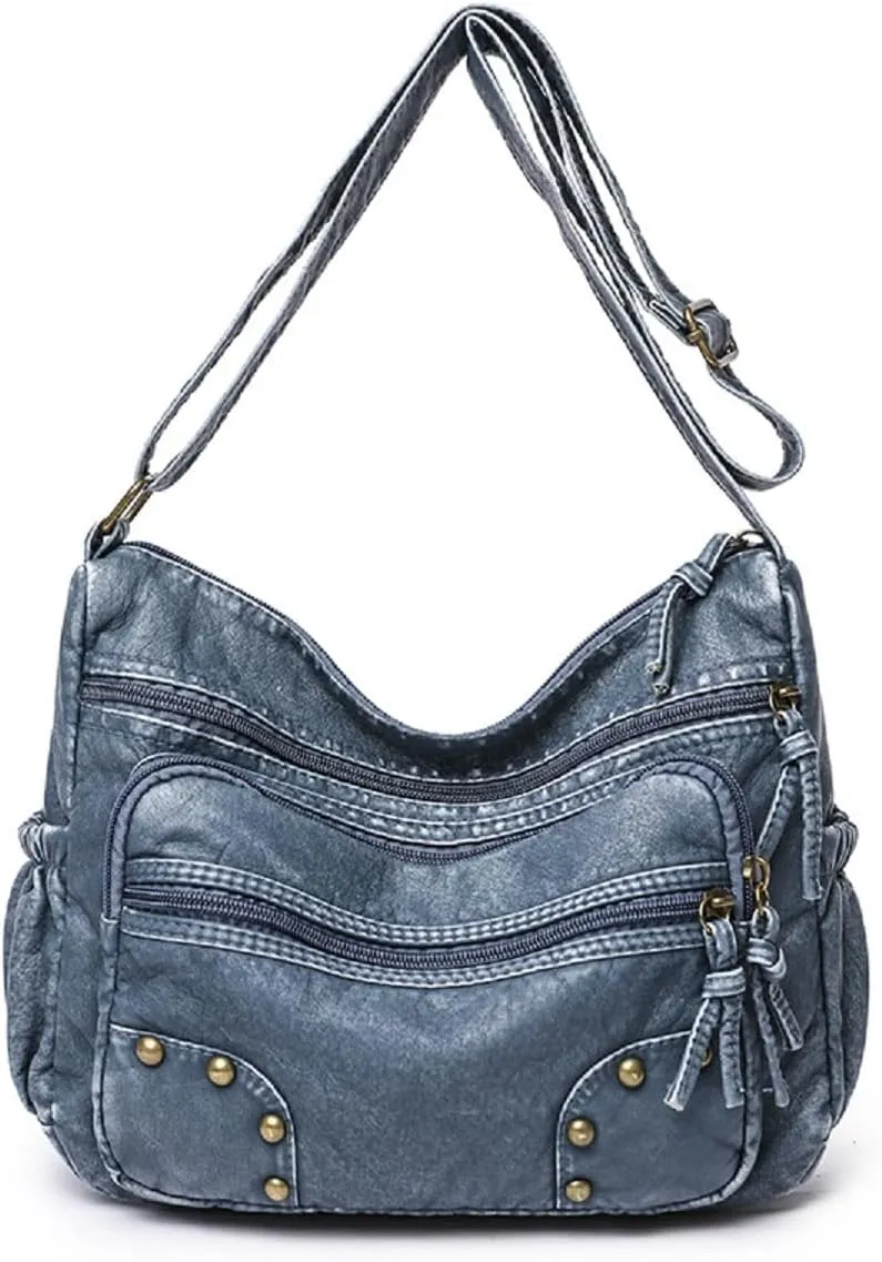 Crossbody Bag for Women Multi Pocket Shoulder Bag Medium Travel Purse Soft Washed Leather Satchel