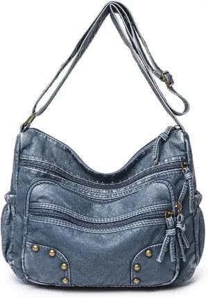 Crossbody Bag for Women Multi Pocket Shoulder Bag Medium Travel Purse Soft Washed Leather Satchel