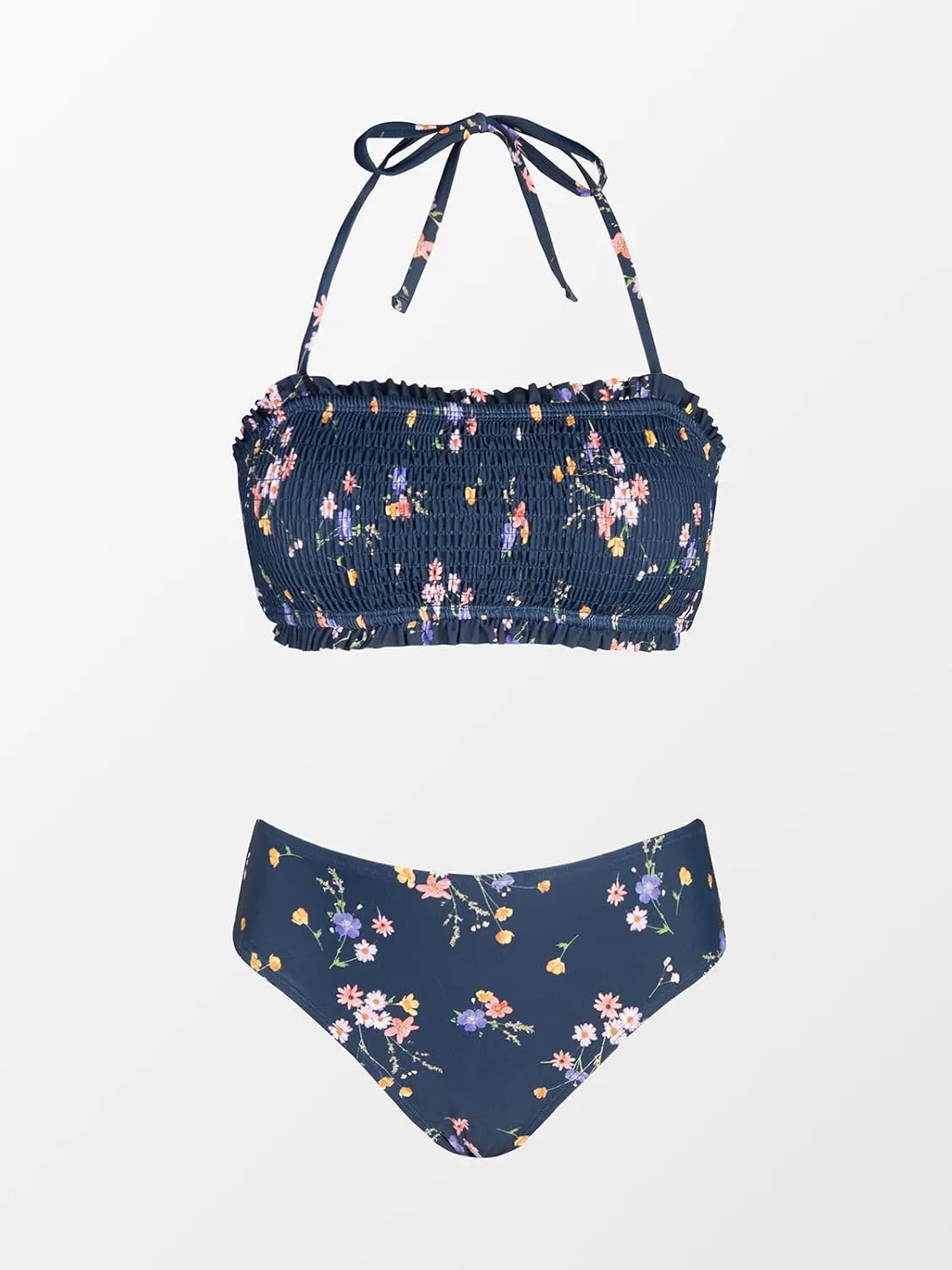 CUPSHE Bikini Set for Women Two Piece Swimsuit Bandeau Top Back Tie Mid Waisted Bottom with Removable Shoulder Straps