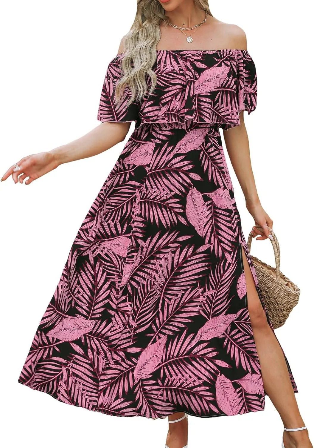 CUPSHE Women Ruffle Floral Maxi Summer Dress Off Shoulder Short Sleeve Backless Flounce Bodice Slit Hem Beach Dresses