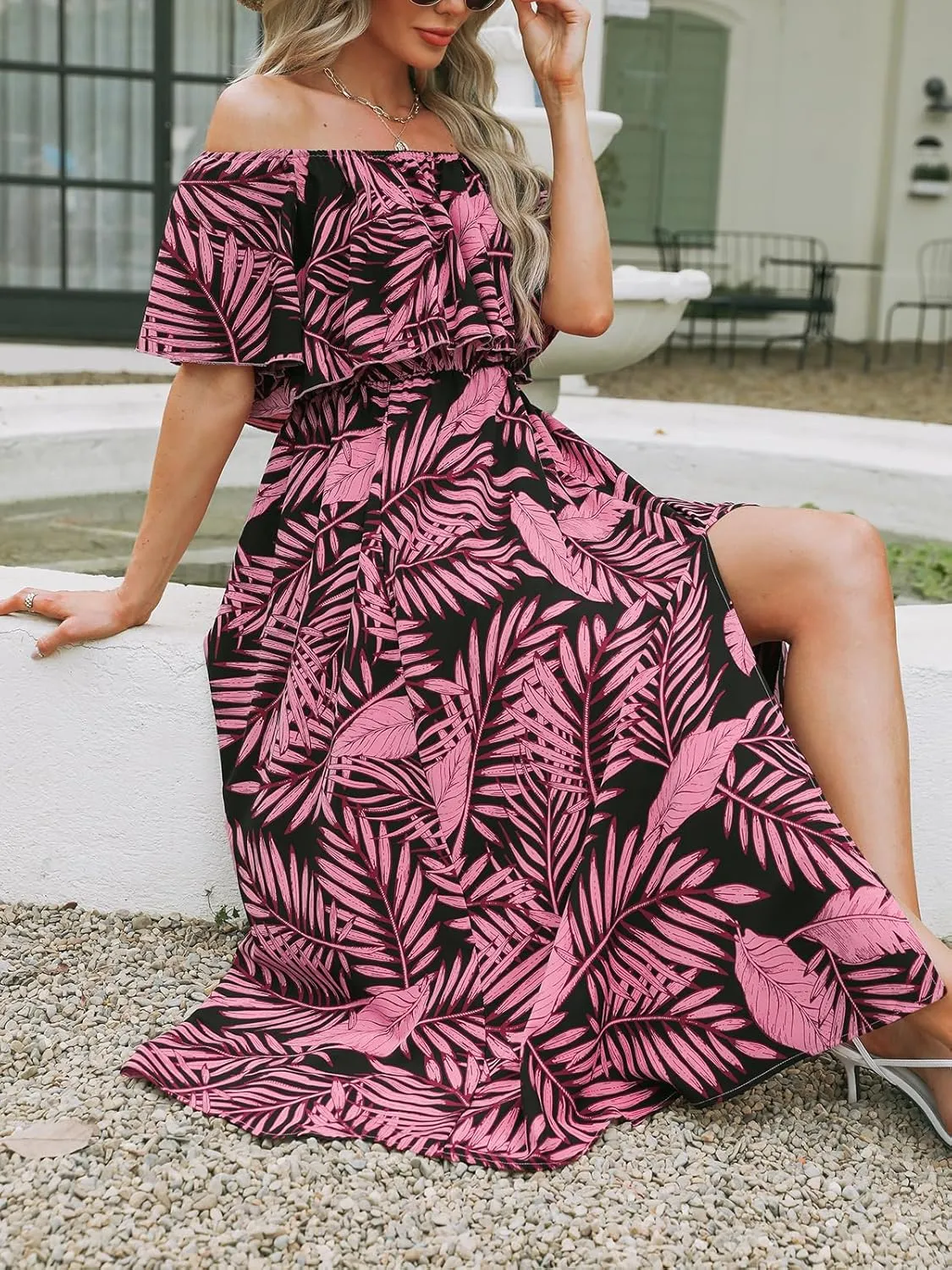 CUPSHE Women Ruffle Floral Maxi Summer Dress Off Shoulder Short Sleeve Backless Flounce Bodice Slit Hem Beach Dresses