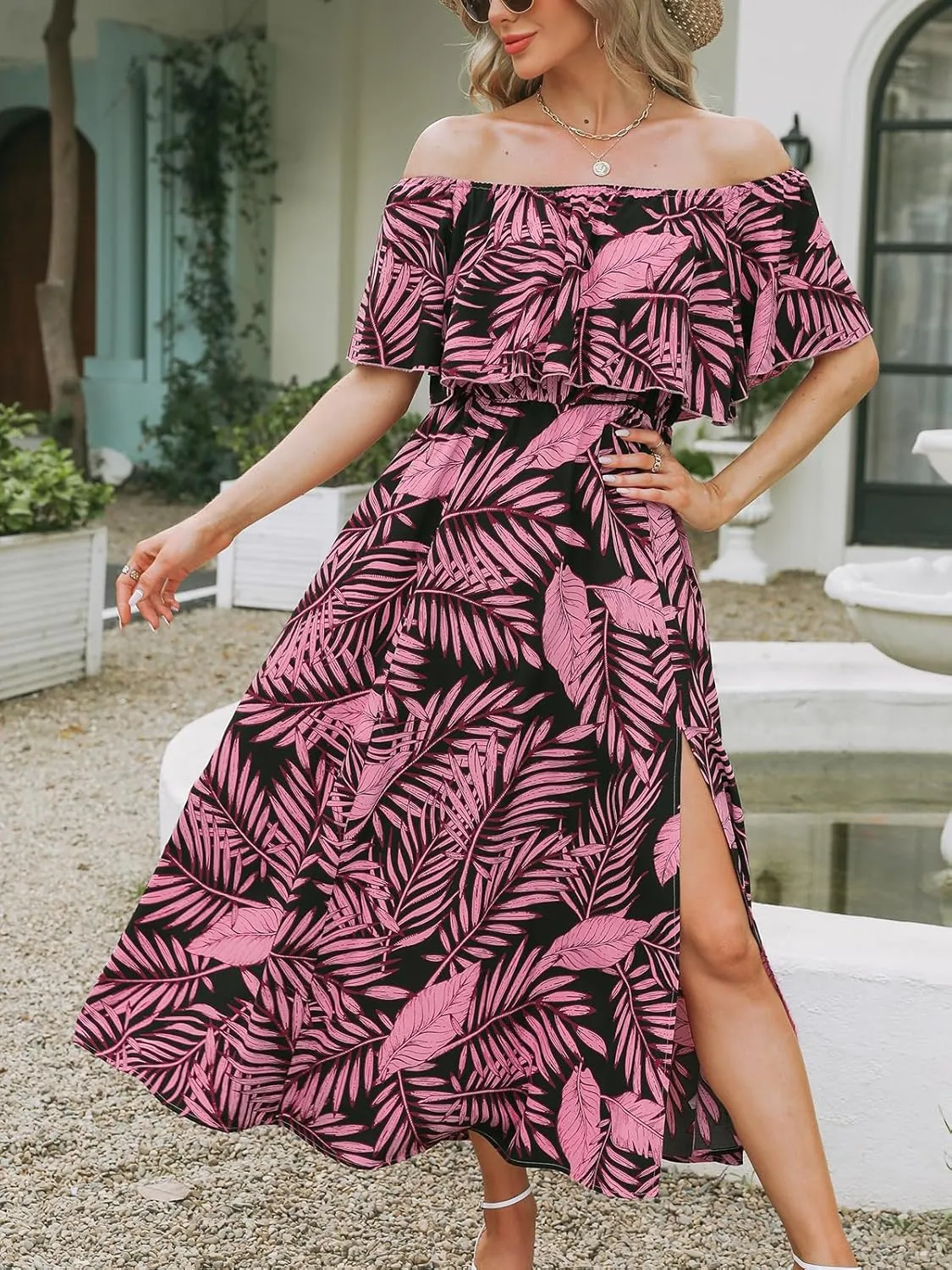 CUPSHE Women Ruffle Floral Maxi Summer Dress Off Shoulder Short Sleeve Backless Flounce Bodice Slit Hem Beach Dresses