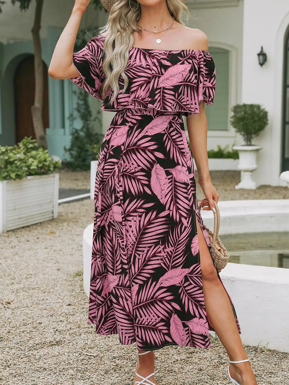 CUPSHE Women Ruffle Floral Maxi Summer Dress Off Shoulder Short Sleeve Backless Flounce Bodice Slit Hem Beach Dresses