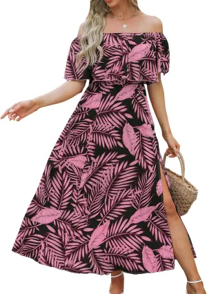 CUPSHE Women Ruffle Floral Maxi Summer Dress Off Shoulder Short Sleeve Backless Flounce Bodice Slit Hem Beach Dresses