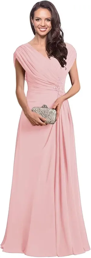 Curvy Chiffon Ruched Mother of The Bride Dresses Cap Sleeve Grandmother Dresses Lace Applique Formal Evening Party Gown