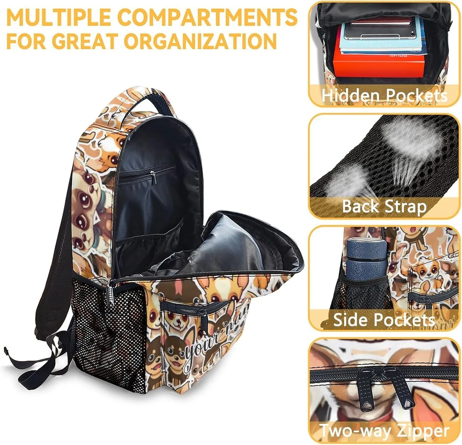 Custom Chihuahua Backpack for Girls, 16 Inch Brown Backpacks for School, Cute Lightweight Bookbag for Kids