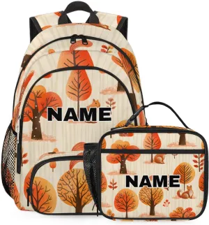 Custom Fall Backpack Lunch Box Bag with Name, Personalized Shoulder 18 Inch Backpack with Adjustable Straps for Women men Fall Tree Animals