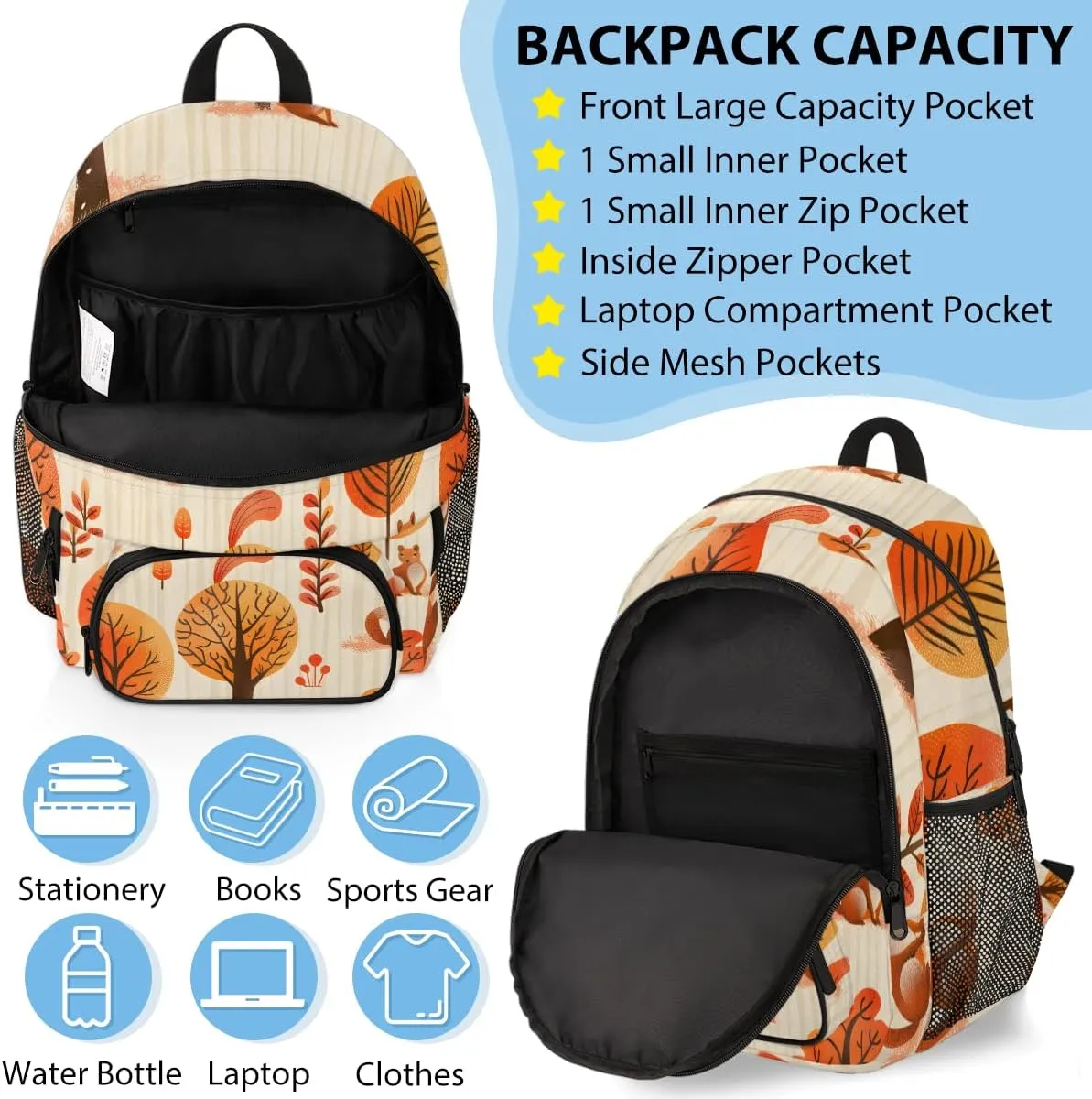 Custom Fall Backpack Lunch Box Bag with Name, Personalized Shoulder 18 Inch Backpack with Adjustable Straps for Women men Fall Tree Animals