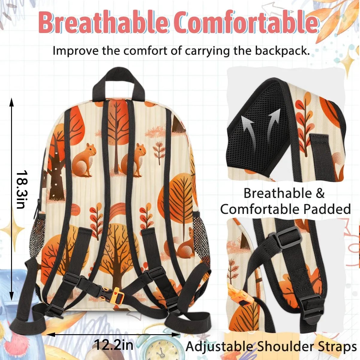 Custom Fall Backpack Lunch Box Bag with Name, Personalized Shoulder 18 Inch Backpack with Adjustable Straps for Women men Fall Tree Animals