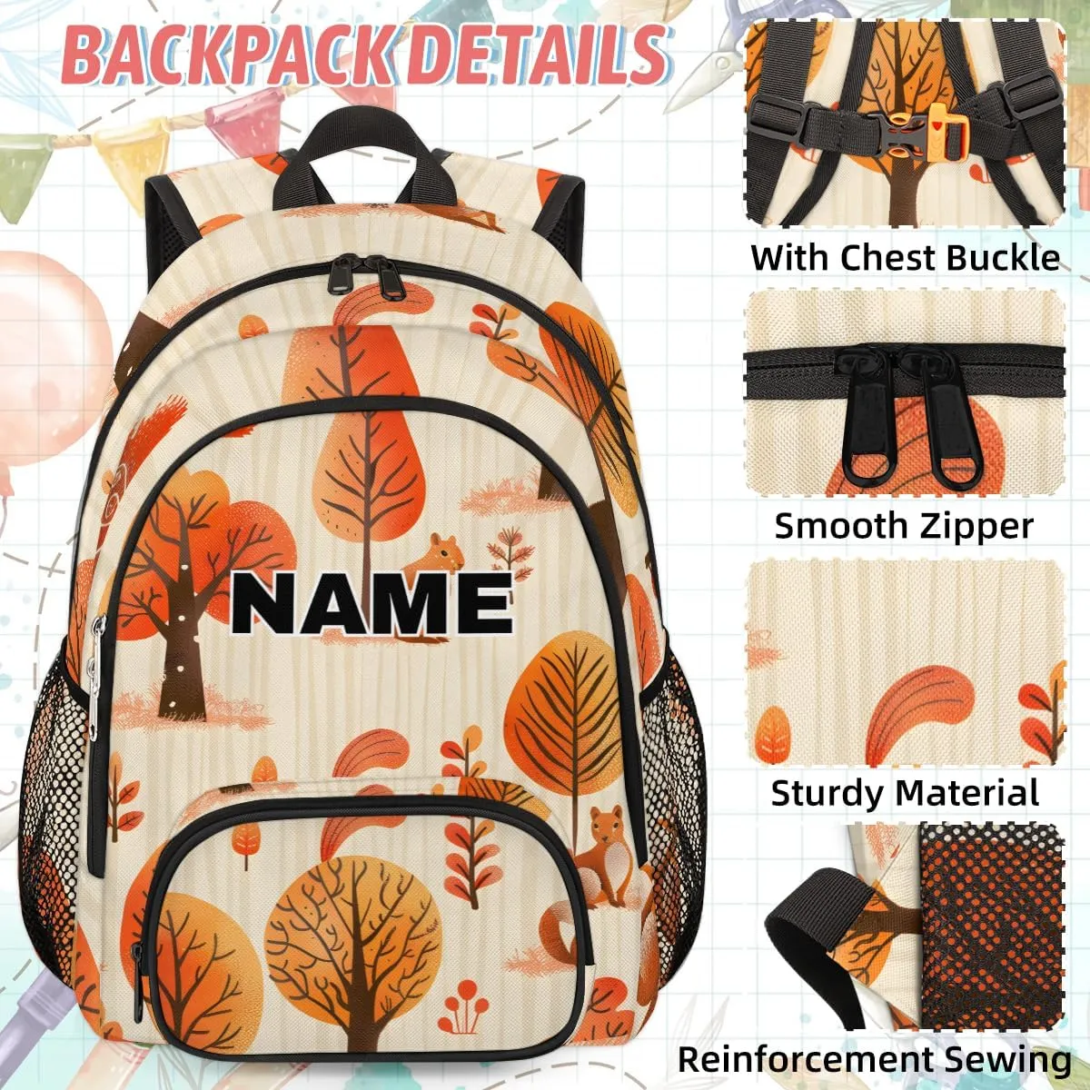 Custom Fall Backpack Lunch Box Bag with Name, Personalized Shoulder 18 Inch Backpack with Adjustable Straps for Women men Fall Tree Animals
