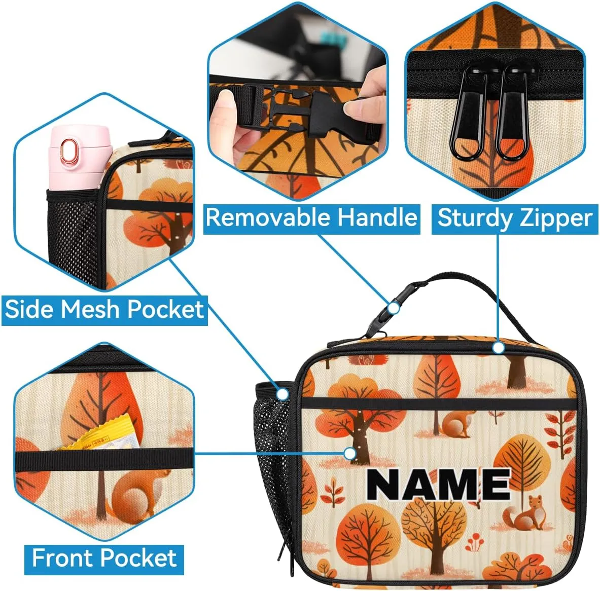 Custom Fall Backpack Lunch Box Bag with Name, Personalized Shoulder 18 Inch Backpack with Adjustable Straps for Women men Fall Tree Animals