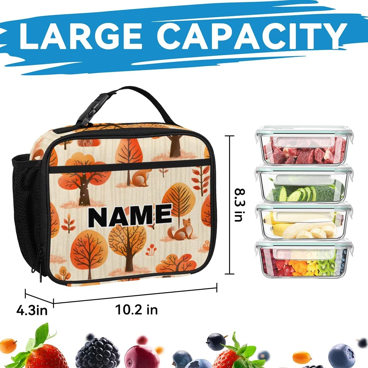 Custom Fall Backpack Lunch Box Bag with Name, Personalized Shoulder 18 Inch Backpack with Adjustable Straps for Women men Fall Tree Animals