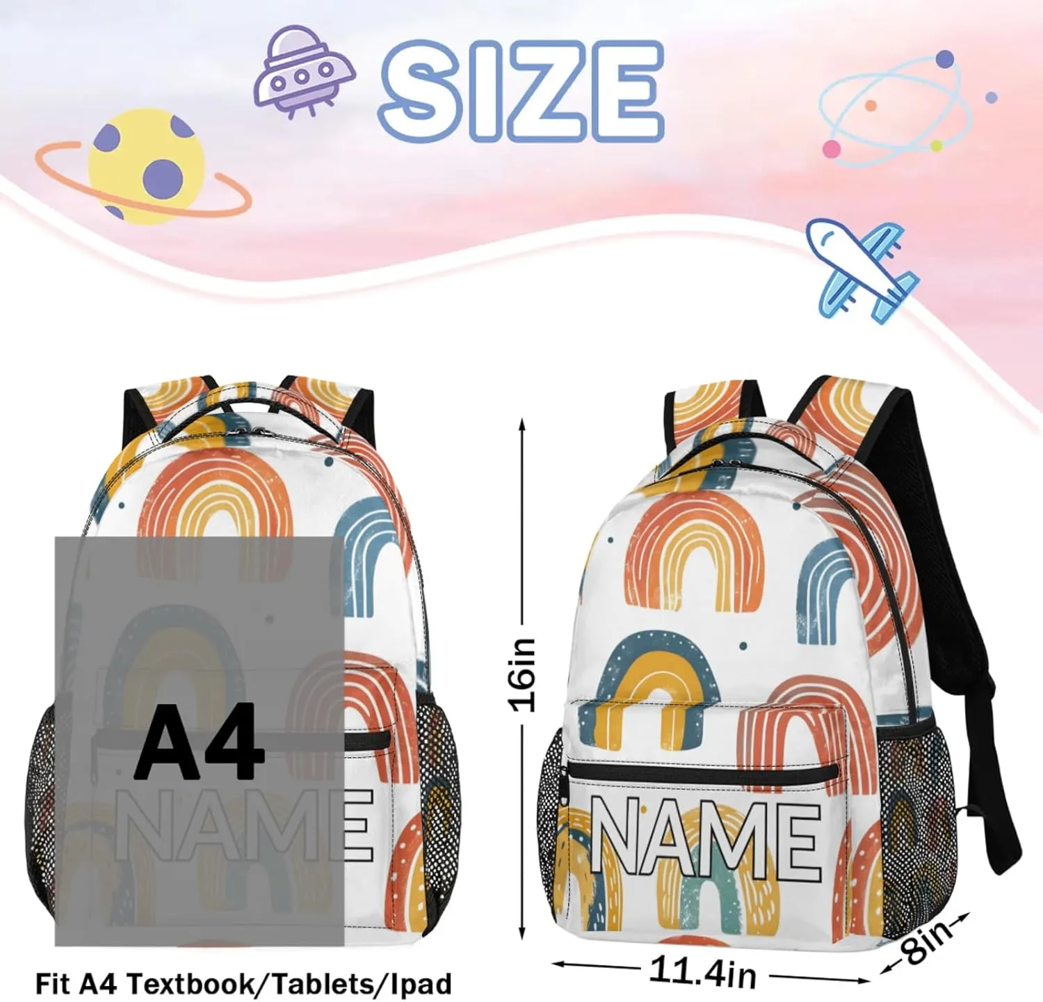 Custom Fun Rainbow Backpack with Name Personalized Waterproof Casual Daypack Abstract Creative Customize Laptop Backpacks for Women Men