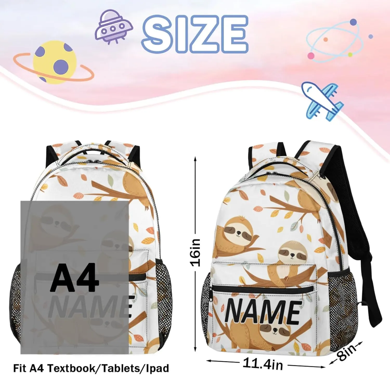 Custom Funny Sloth Backpack with Name Personalized Waterproof Casual Daypack Sloth Hanging on Branch Customize Laptop Backpacks for Women Men