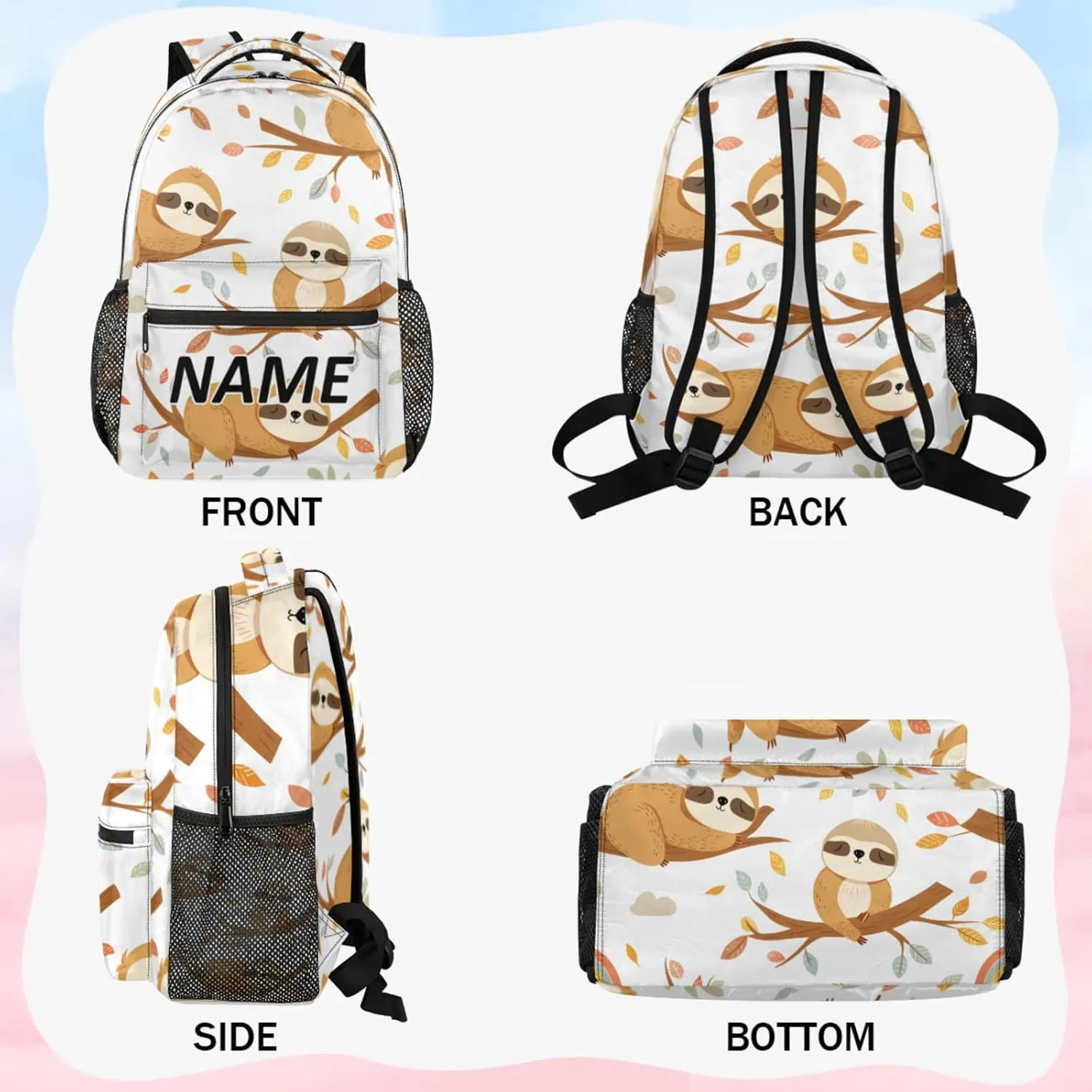 Custom Funny Sloth Backpack with Name Personalized Waterproof Casual Daypack Sloth Hanging on Branch Customize Laptop Backpacks for Women Men