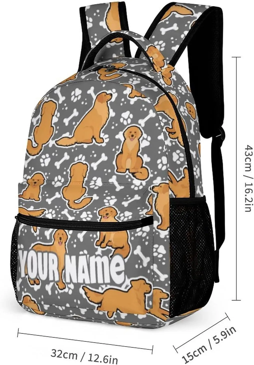 Custom Golden Retriever Backpack for Kids Girls Boys School, 16 Inches Cute Dog Theme Bookbag, Adjustable, Lightweight, Large Capacity, Colorful Daily Casual Backpacks