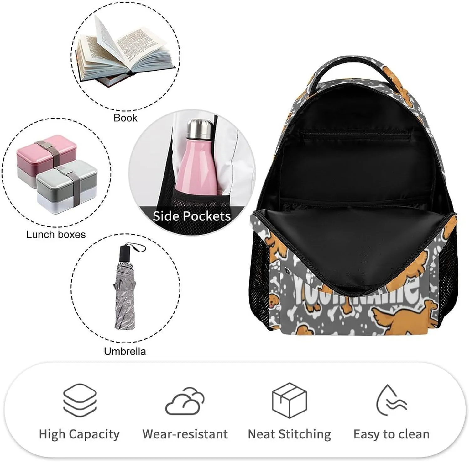 Custom Golden Retriever Backpack for Kids Girls Boys School, 16 Inches Cute Dog Theme Bookbag, Adjustable, Lightweight, Large Capacity, Colorful Daily Casual Backpacks