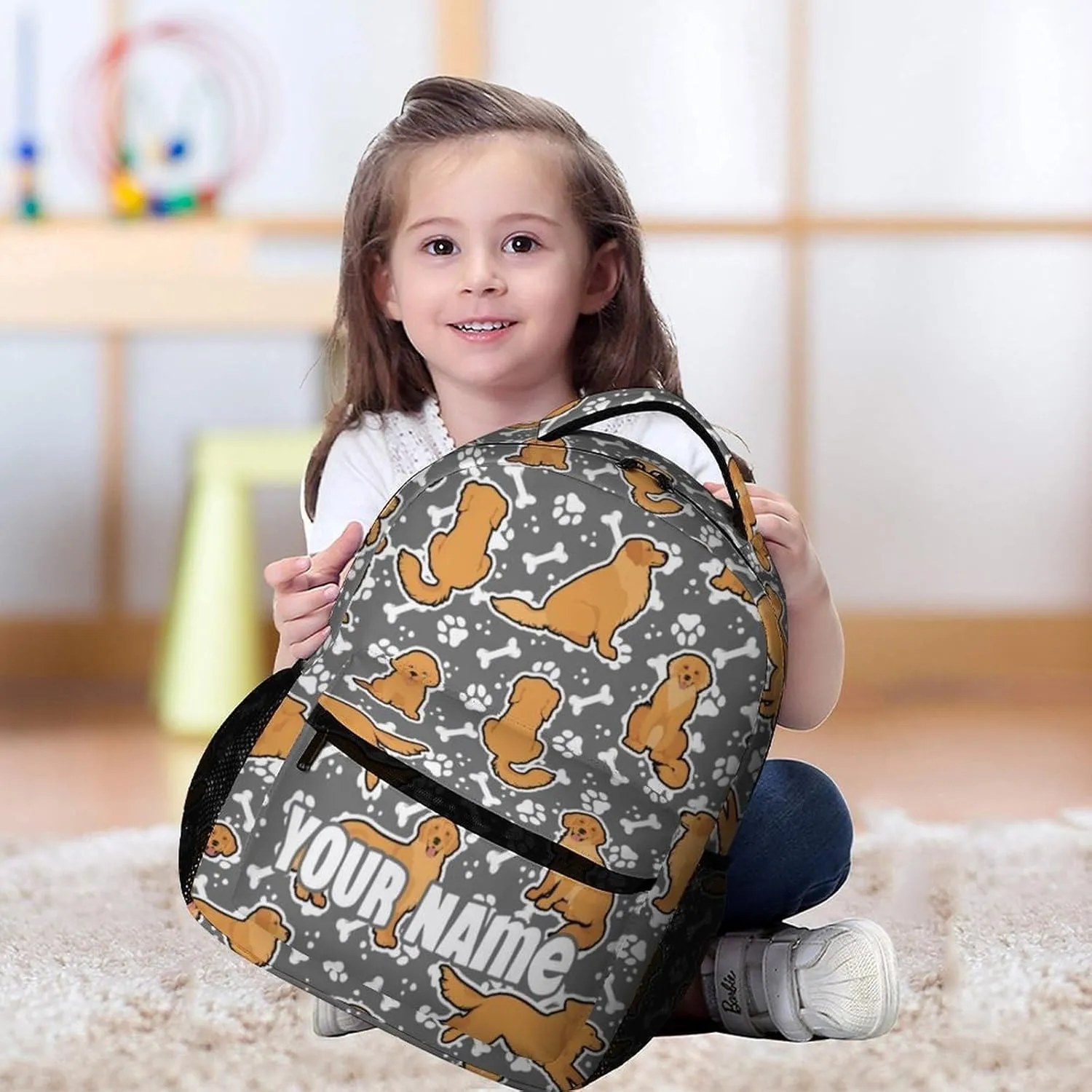 Custom Golden Retriever Backpack for Kids Girls Boys School, 16 Inches Cute Dog Theme Bookbag, Adjustable, Lightweight, Large Capacity, Colorful Daily Casual Backpacks