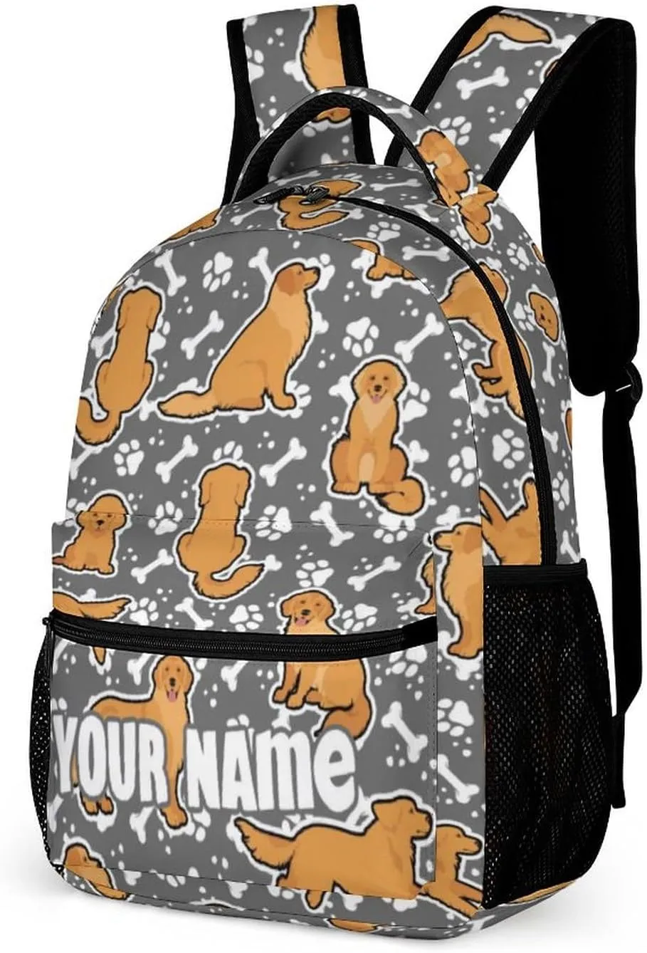 Custom Golden Retriever Backpack for Kids Girls Boys School, 16 Inches Cute Dog Theme Bookbag, Adjustable, Lightweight, Large Capacity, Colorful Daily Casual Backpacks